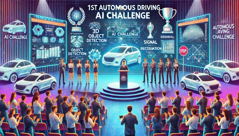 A vibrant illustration of an awards ceremony for a cutting-edge autonomous driving AI challenge. The scene is set in a modern auditorium with a large digital screen displaying '1st Autonomous Driving AI Challenge'. A diverse group of participants, including students and tech professionals, receive awards and certificates. Trophies and prizes are displayed on a sleek podium. On the screen, data visualizations of 3D object detection, signal recognition, and AI driving simulations are shown. The audience applauds enthusiastically in a well-lit and high-tech setting. Include banners for innovation and technology.